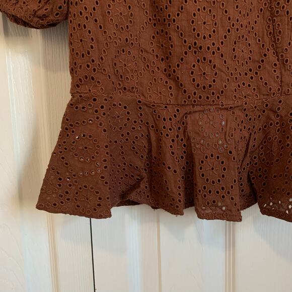 Band of the Free (FKA Band of Gypsies) brown smocked eyelet boho top XS - Picture 3 of 8